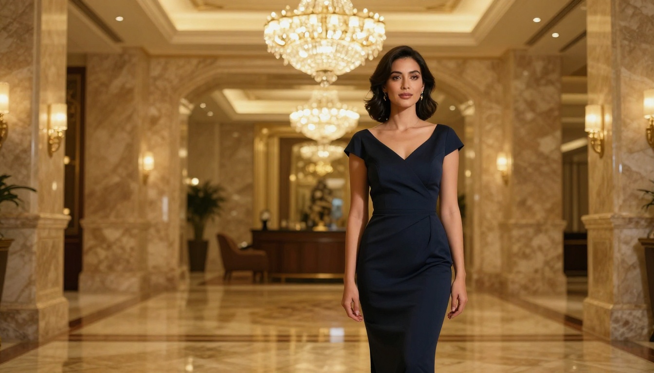 Elegant woman in navy evening dress in luxury hotel lobby with warm chandelier light Elegant woman in navy evening dress in luxury hotel lobby with warm chandelier light