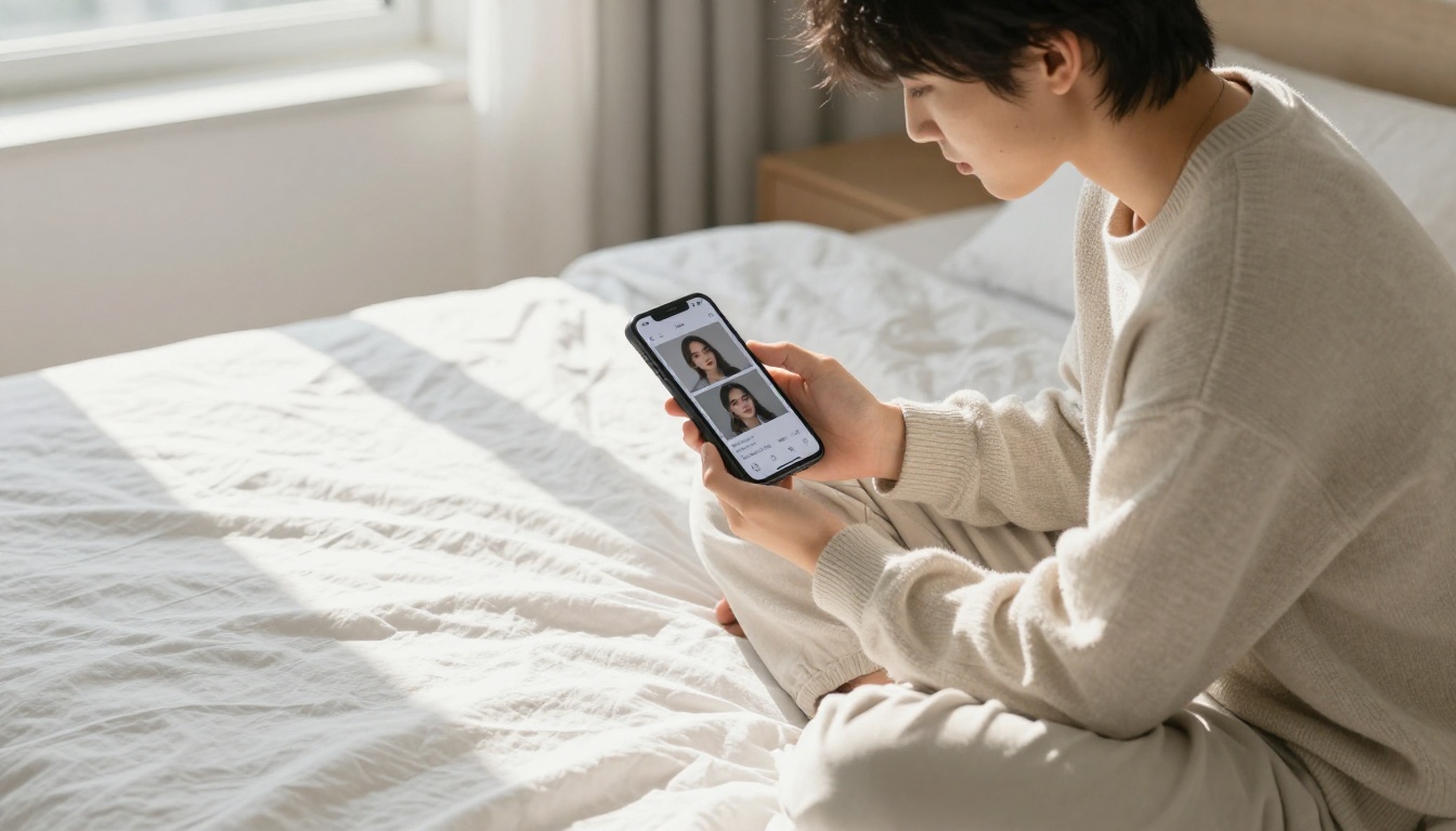 Person sitting cross-legged on white linen bed with smartphone showing AI comparison interface in morning light Person sitting cross-legged on white linen bed with smartphone showing AI comparison interface in morning light