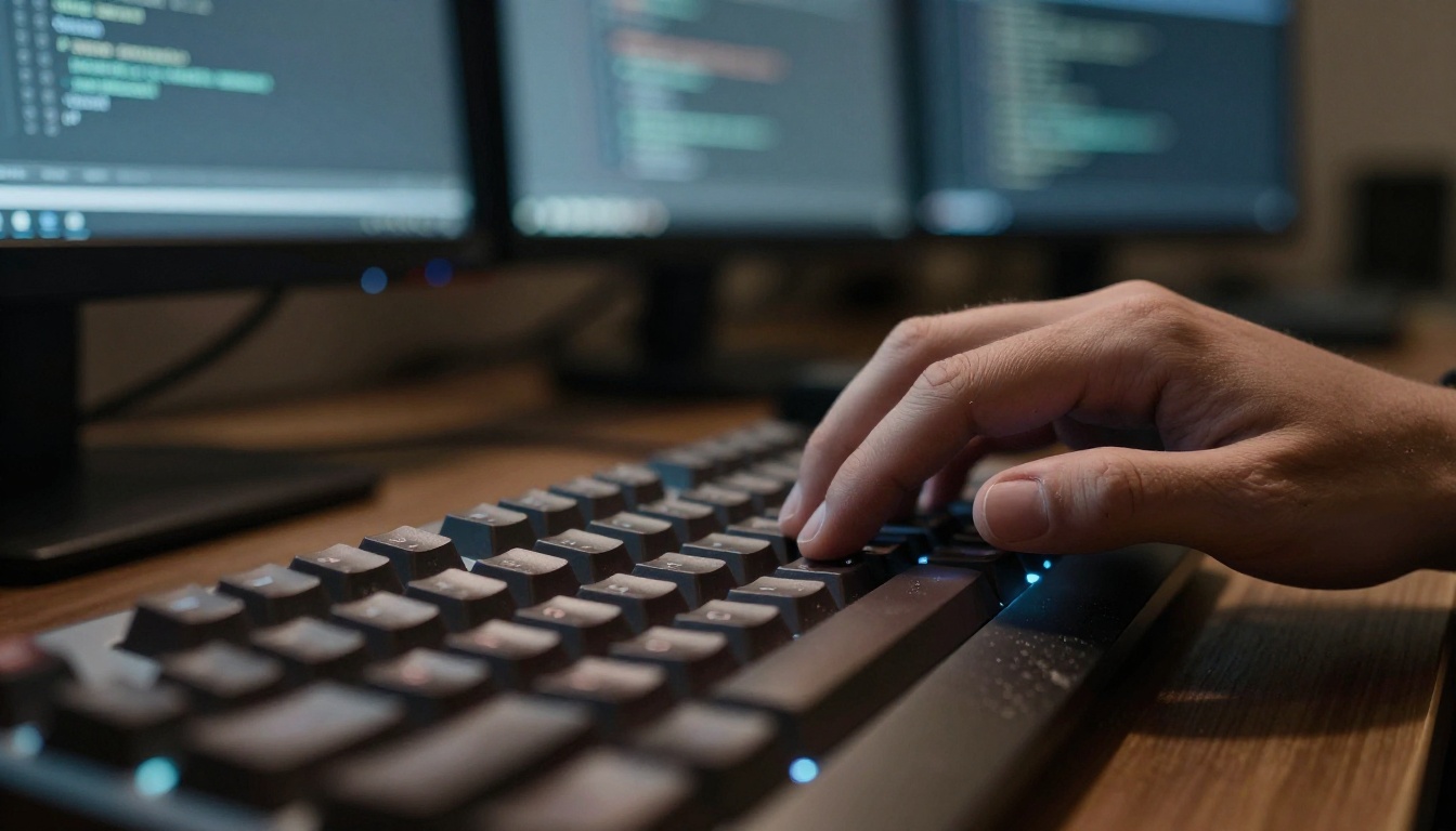 Developer typing code on mechanical keyboard in dimly lit office at night, photorealistic