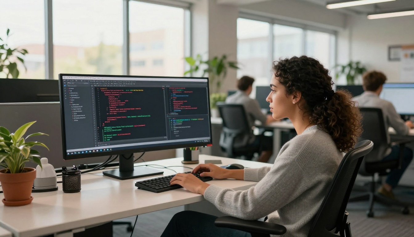 Software engineer reviewing code diff on large monitor in open-plan office with morning daylight