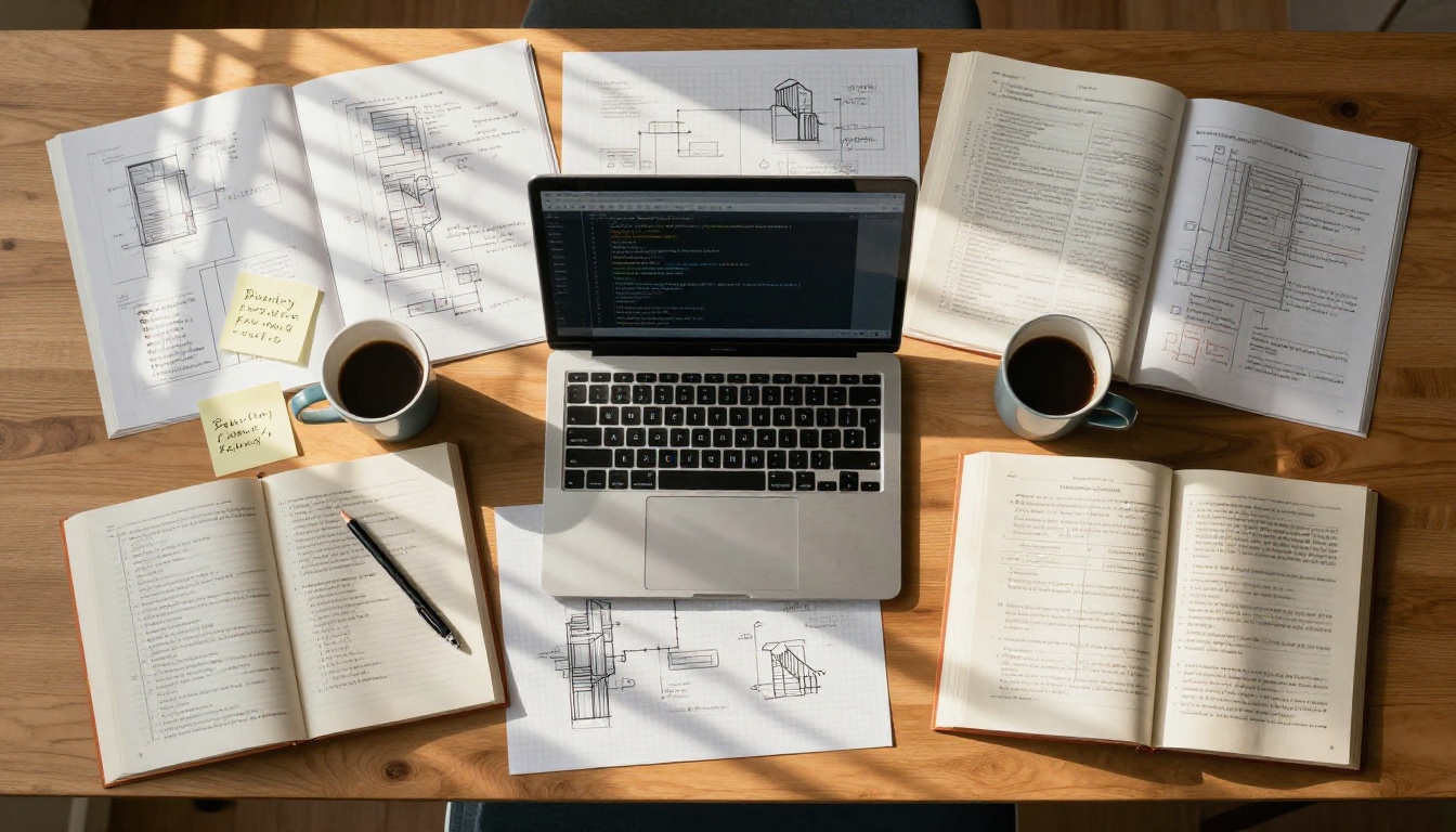 Aerial view of developer desk with architecture diagrams, flowcharts, and open technical books in morning light