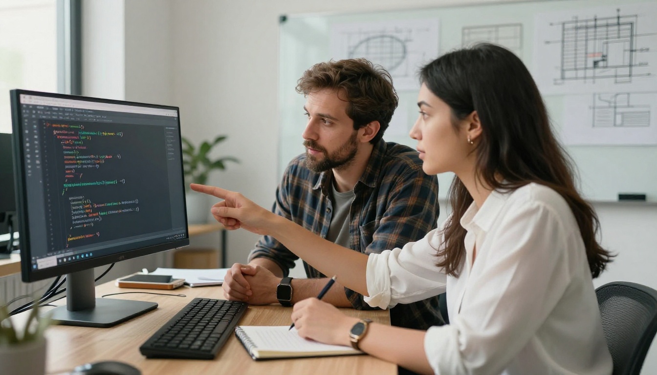 Two developers in collaborative code review session in modern office, one pointing at code on monitor