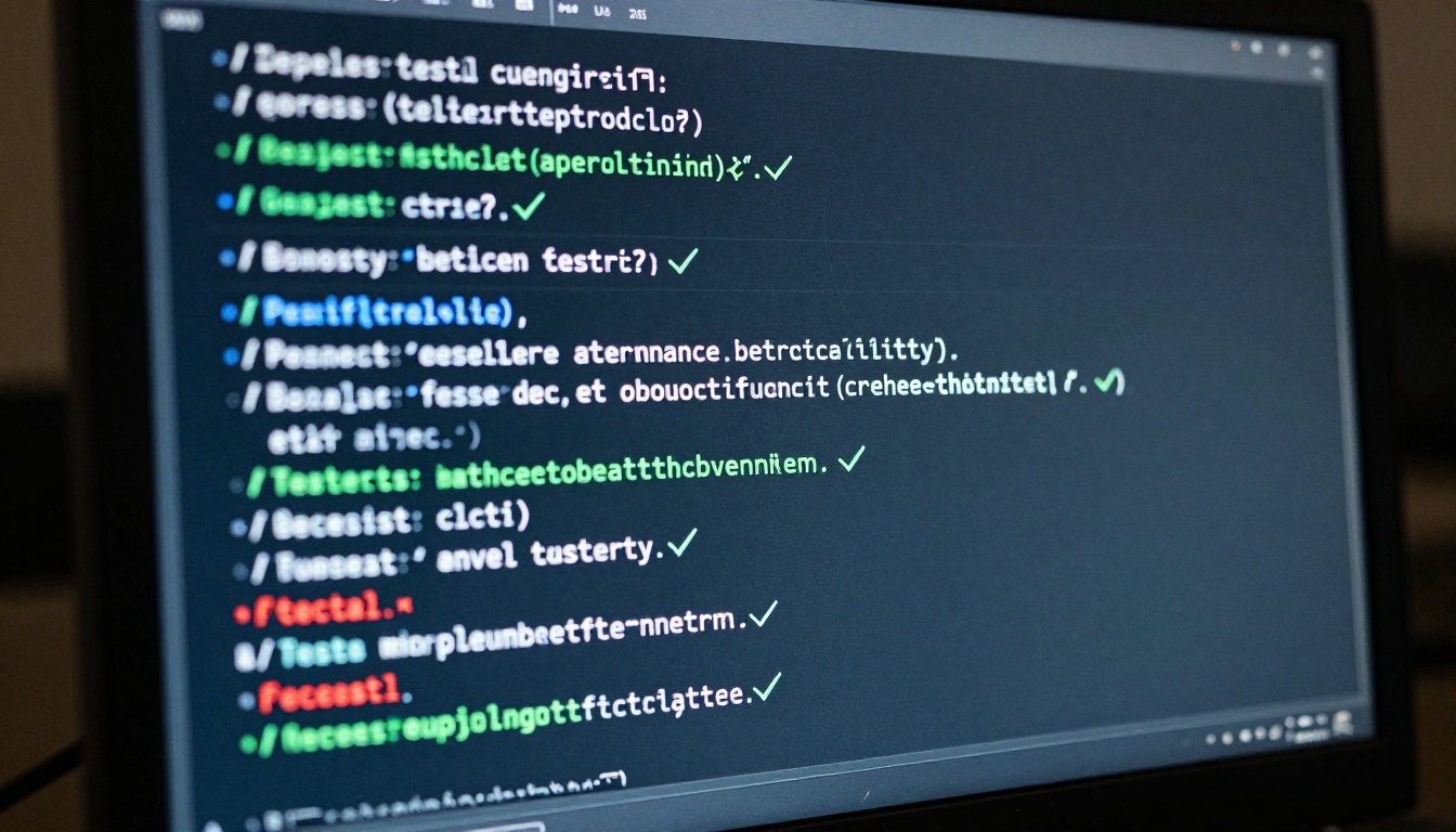 Terminal screen close-up showing running test suite with passing and failing test lines in a dark room