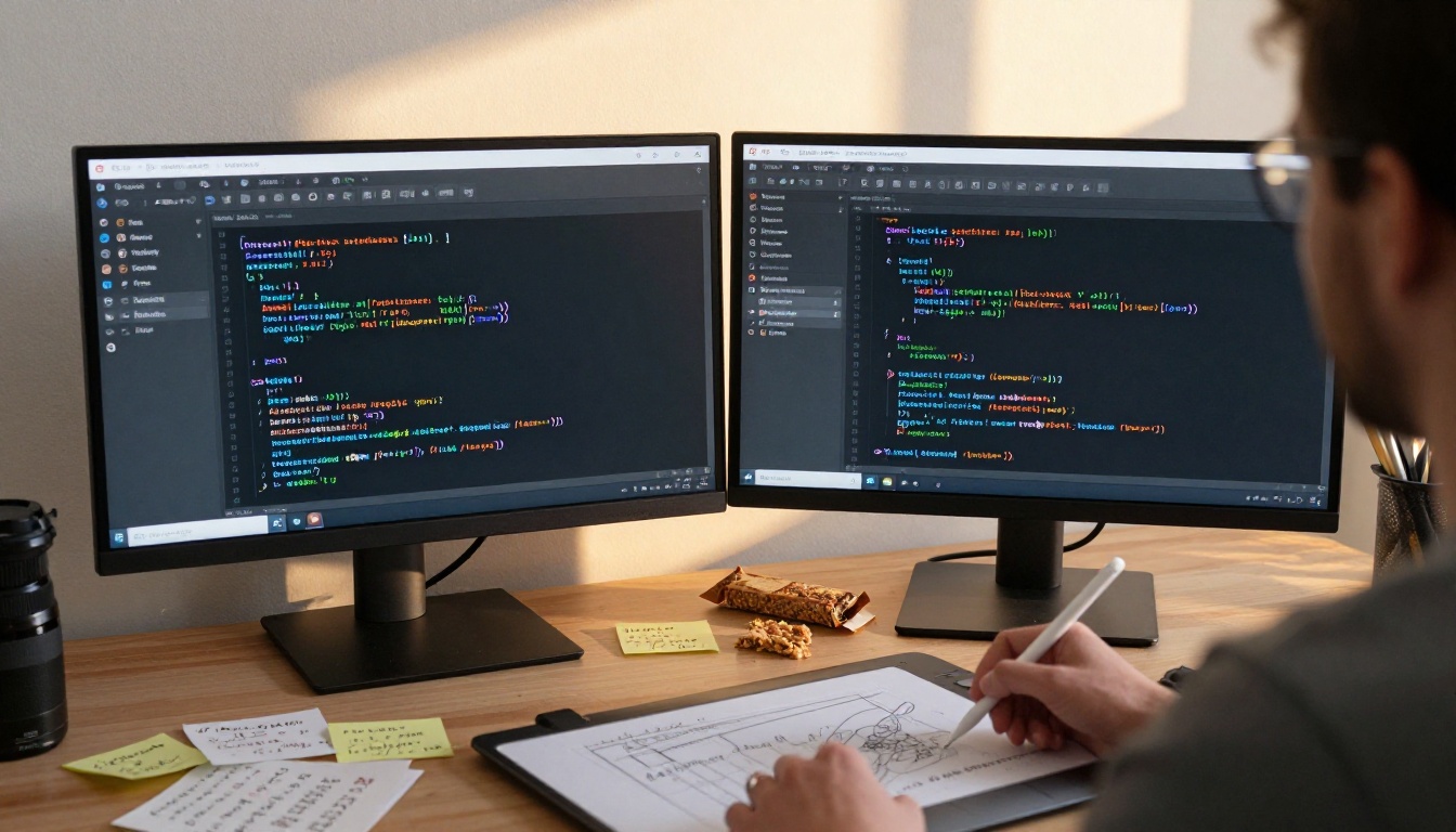 Developer desk split-screen showing AI chat interface alongside VS Code with code open