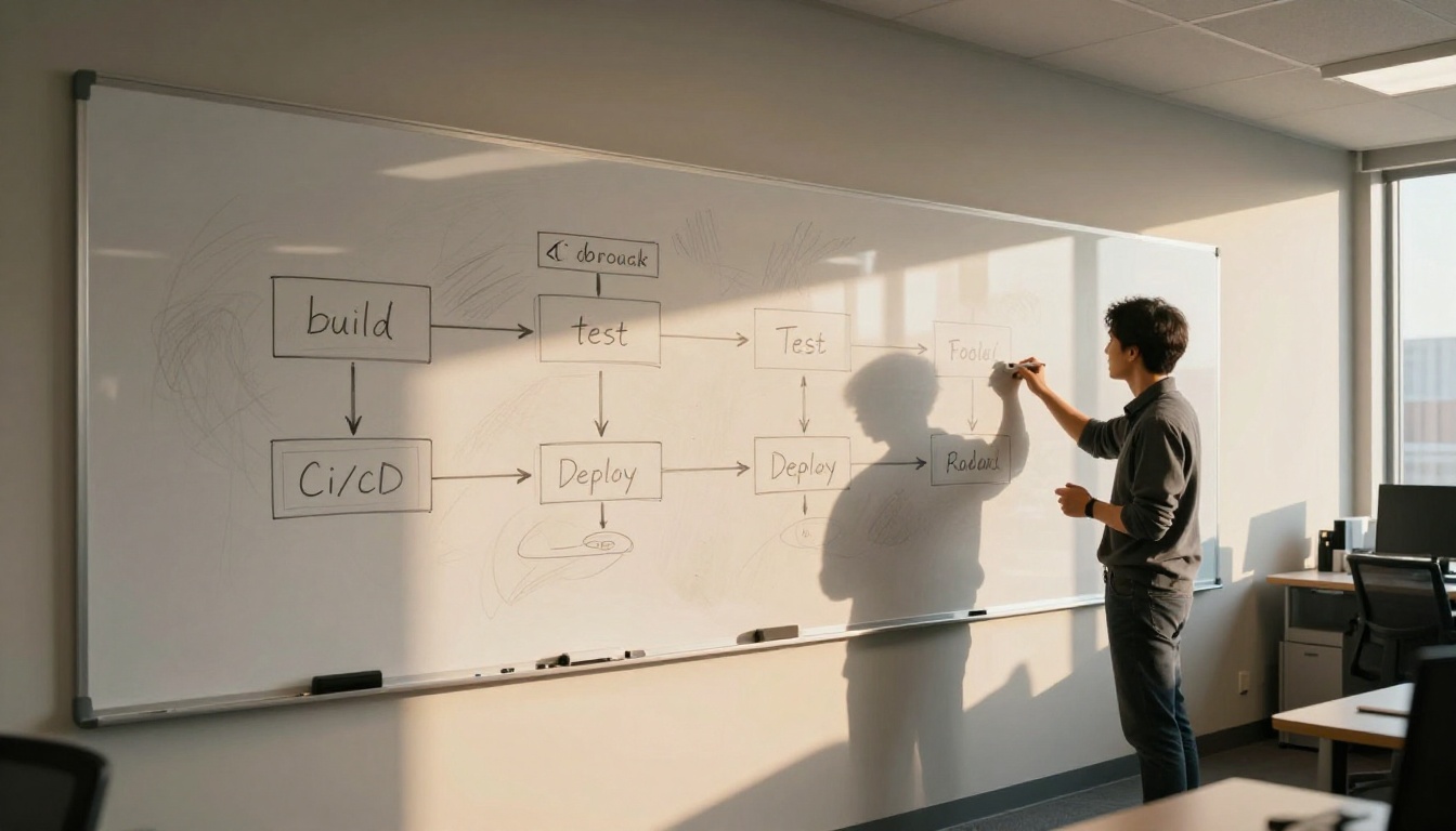 Long whiteboard covered in hand-drawn CI/CD pipeline diagrams in a software engineering office