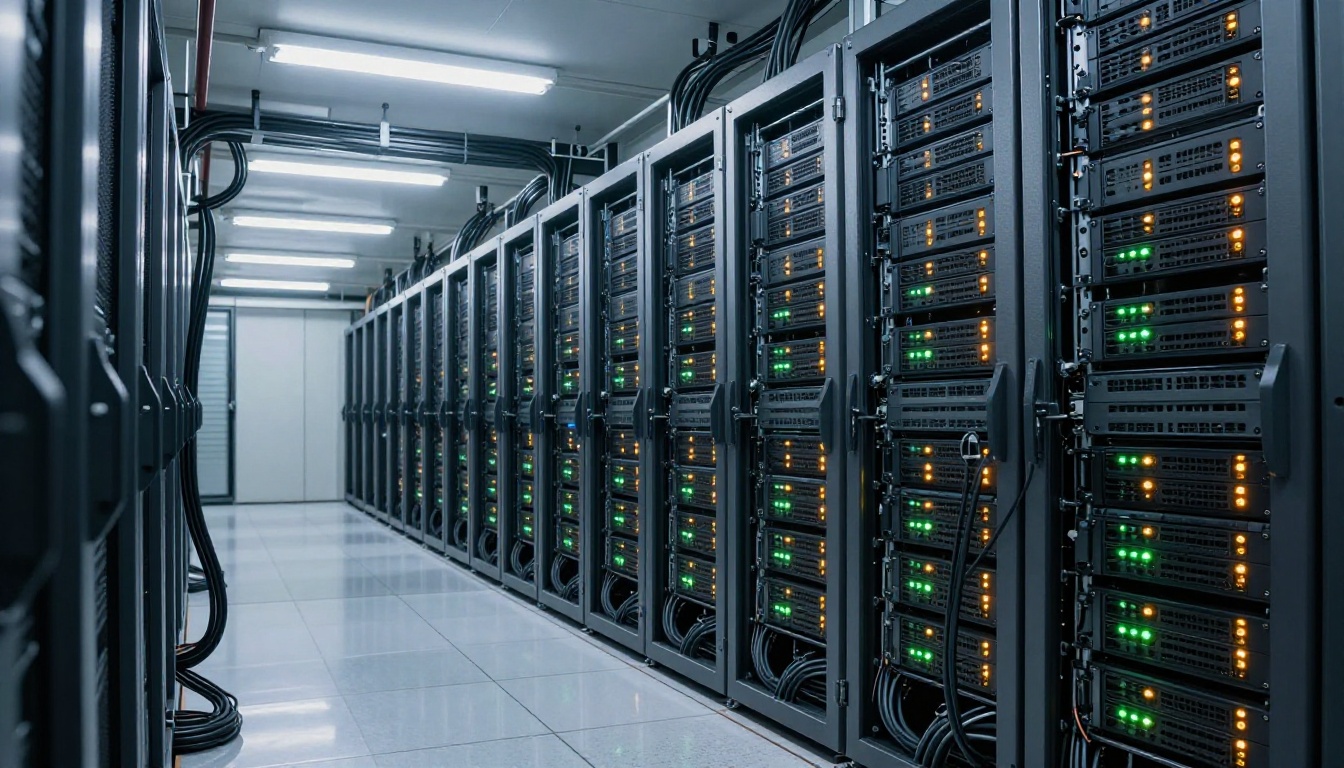 Rows of professional server racks in data center with overhead fluorescent lighting and blinking status indicator lights