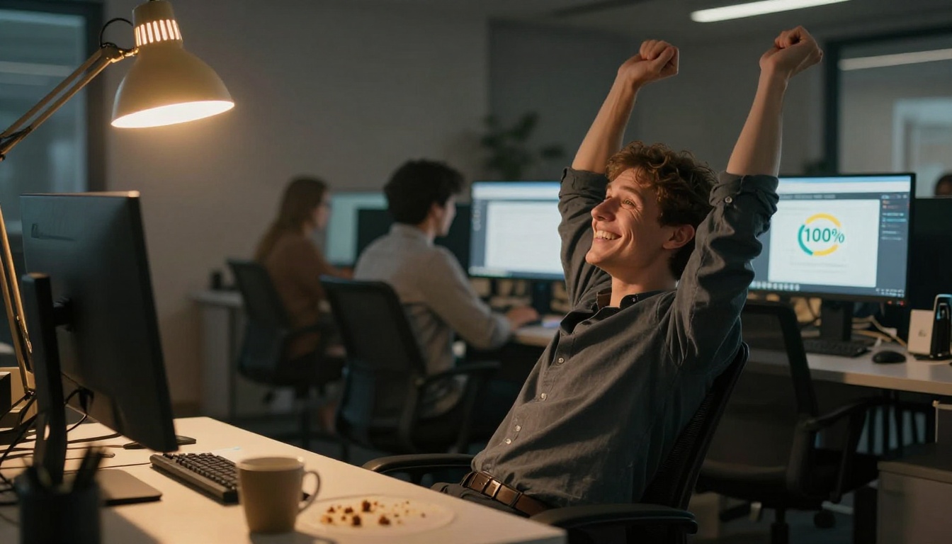 Developer leaning back in chair with wide satisfied smile facing monitor with fully passing test suite, warm desk lamp light