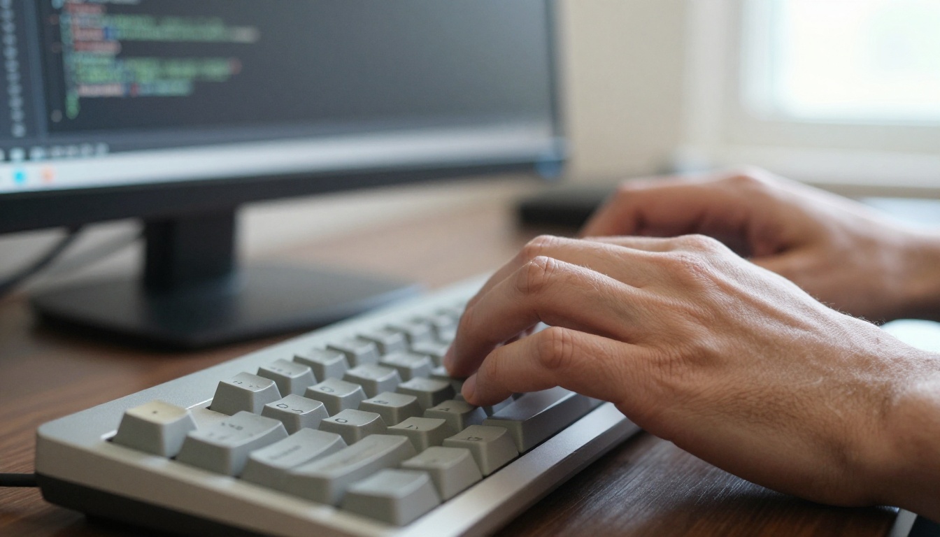 Developer hands typing on mechanical keyboard with worn keycaps Developer hands typing on mechanical keyboard with worn keycaps