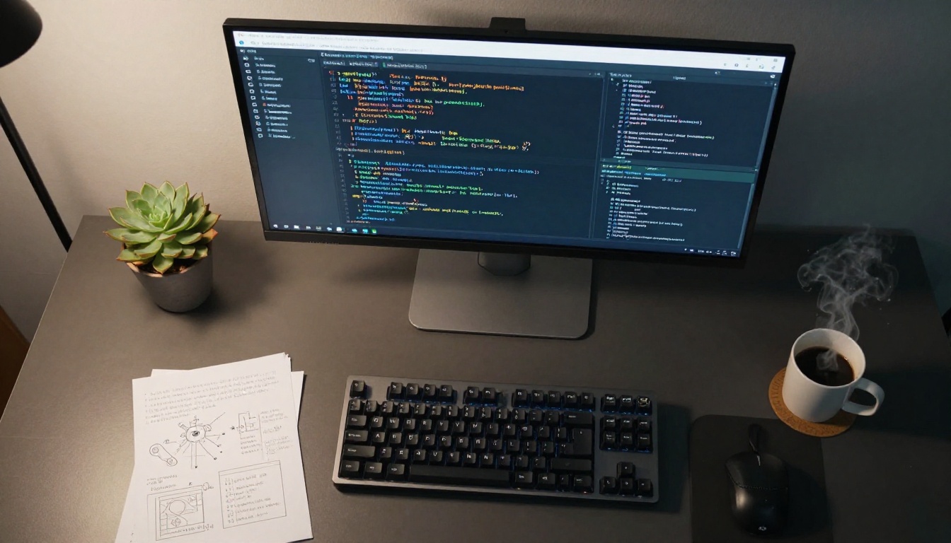 Aerial developer workstation with Python and TypeScript code on ultrawide monitor Aerial developer workstation with Python and TypeScript code on ultrawide monitor