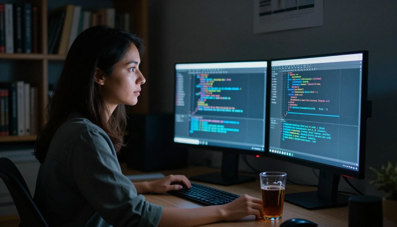 Developer woman at night illuminated by dual monitors showing code diff comparison Developer woman at night illuminated by dual monitors showing code diff comparison