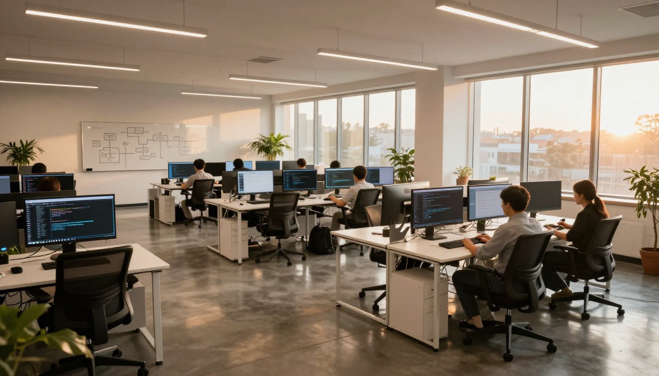 Modern software development office with engineer workstations and whiteboard architecture diagrams Modern software development office with engineer workstations and whiteboard architecture diagrams