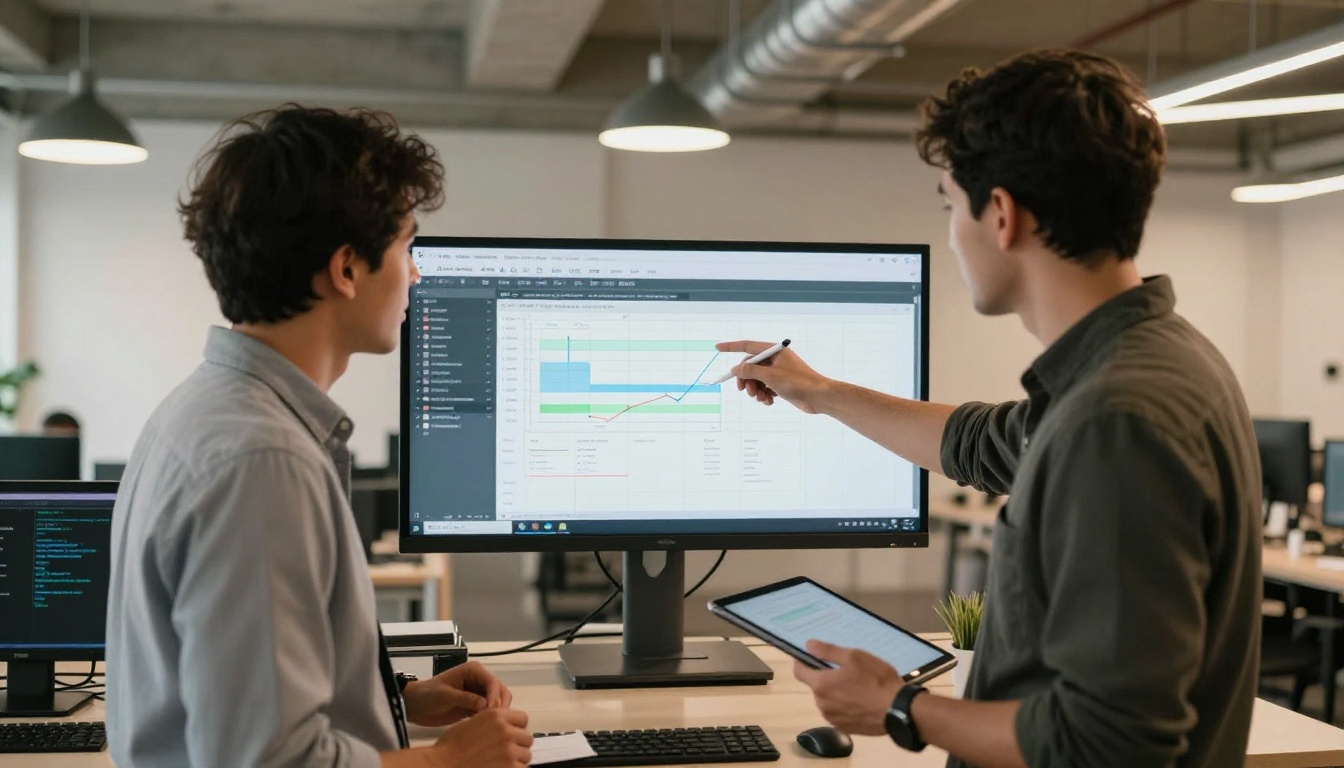 Two software engineers discussing benchmark results on wall-mounted monitor Two software engineers discussing benchmark results on wall-mounted monitor