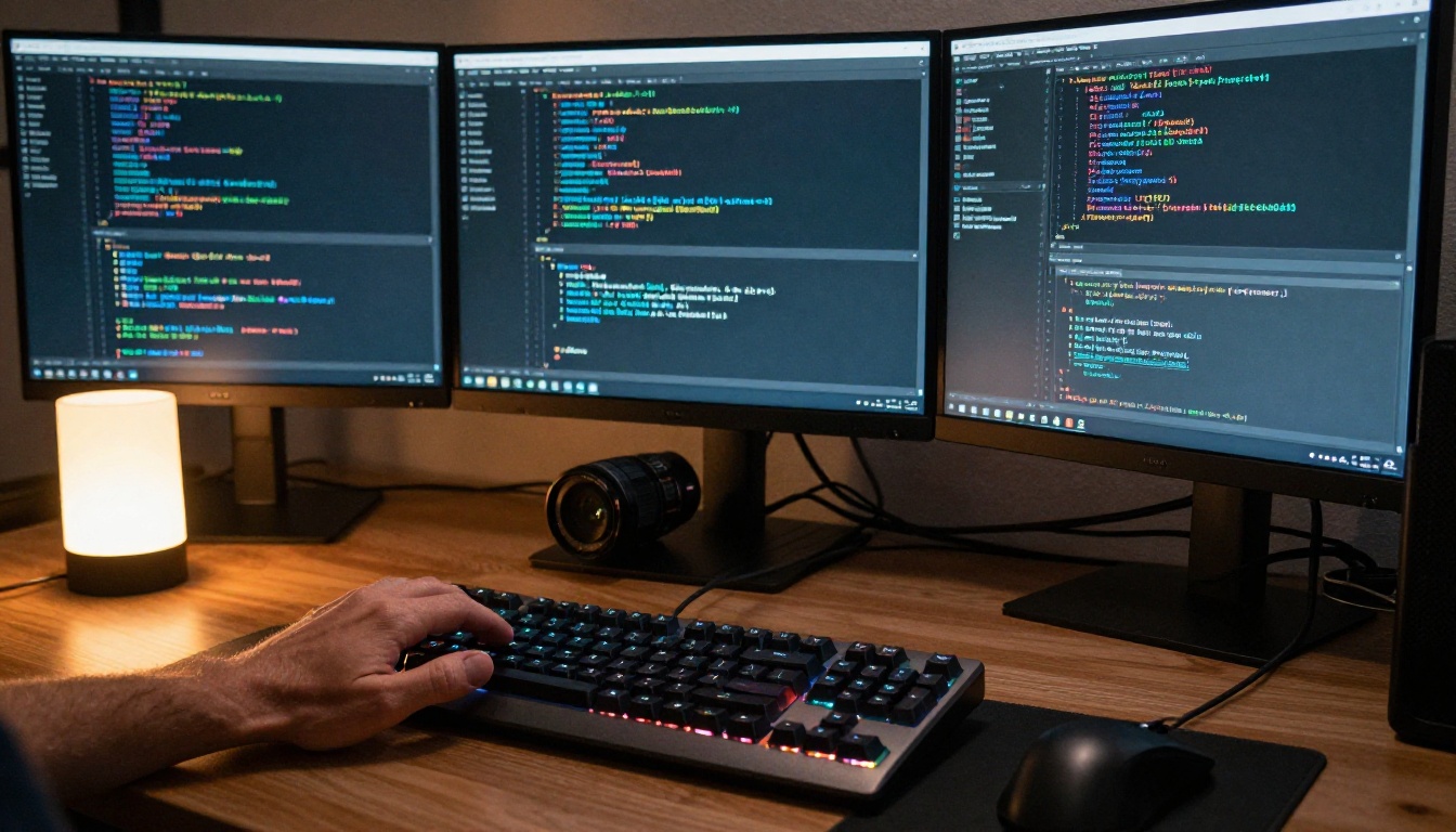 Three-monitor workstation with dark IDE showing React TypeScript components Three-monitor workstation with dark IDE showing React TypeScript components