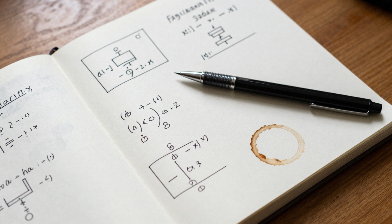 Developer notebook with handwritten algorithm diagrams and flowcharts in black ink Developer notebook with handwritten algorithm diagrams and flowcharts in black ink