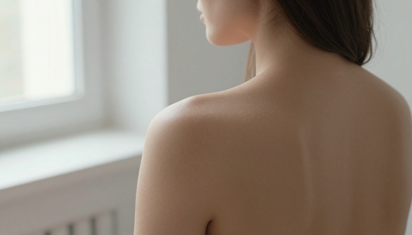 Woman's back and shoulder in Scandinavian-style room, raking window light, fine skin texture, artistic close-up