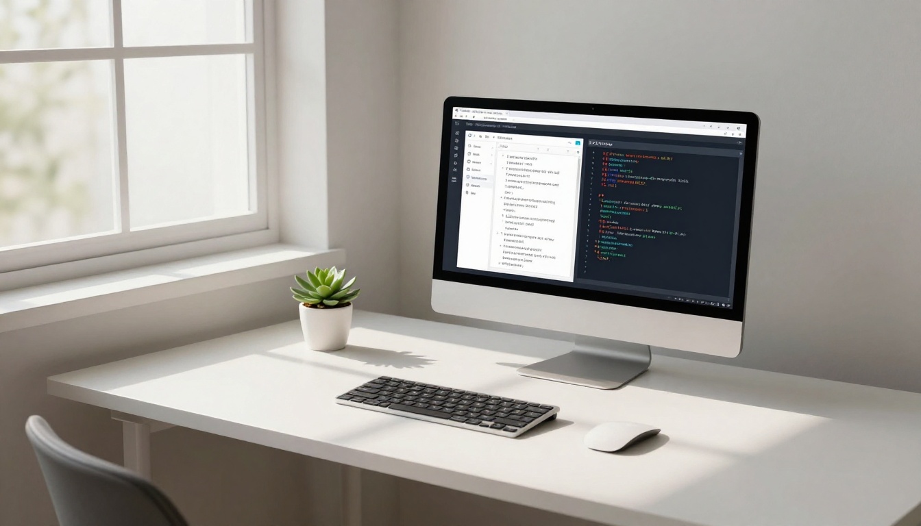 Minimalist home office workspace showing AI chat interface and generated code on monitor Minimalist home office workspace showing AI chat interface and generated code on monitor