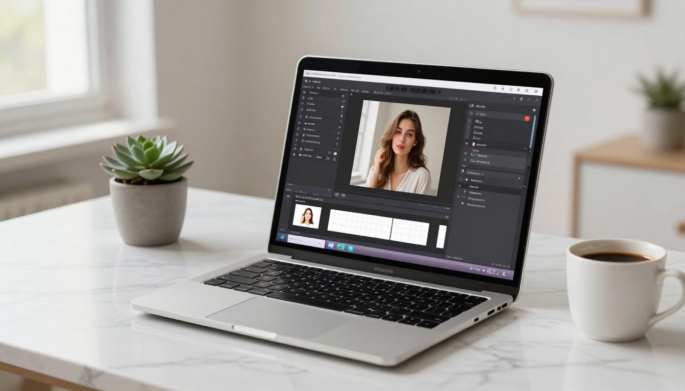 AI photo editing interface on laptop at clean marble workspace, creative studio environment, natural window light
