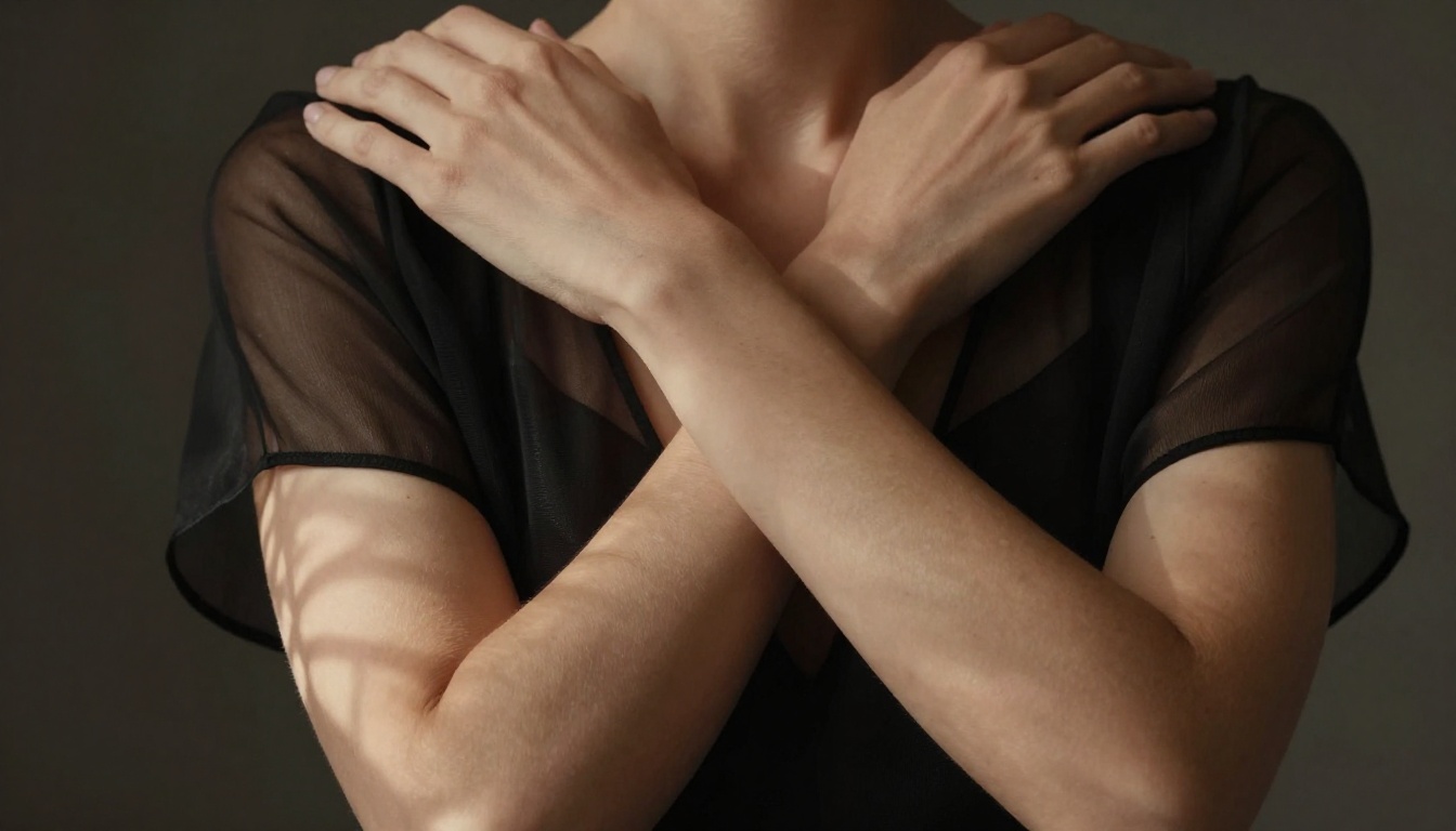Woman's arms crossed over chest in elegant self-embrace, sheer black chiffon blouse, dramatic chiaroscuro lighting