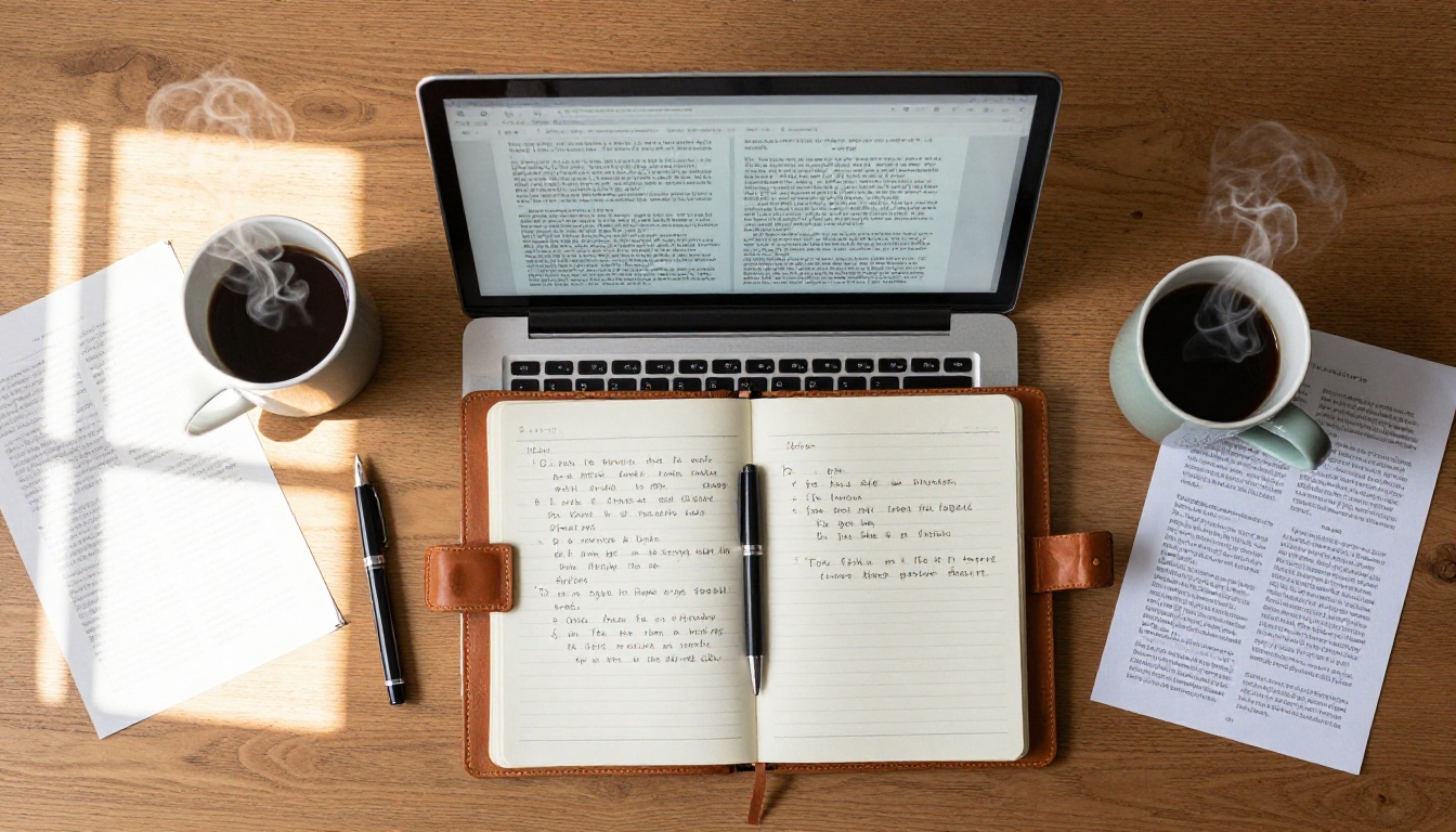 Aerial view of writer's desk with laptop, notebook, coffee, and printed pages