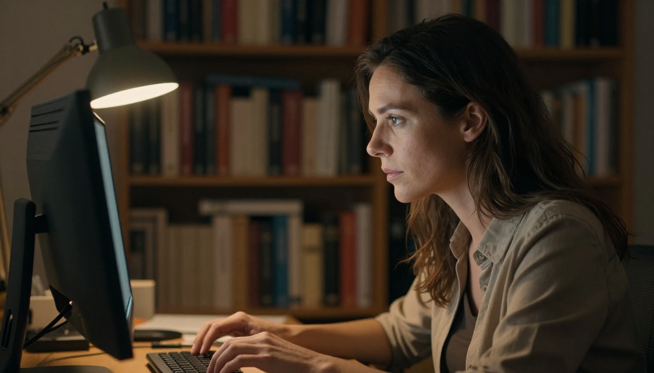 Woman concentrating at a writing desk with bookshelves in background