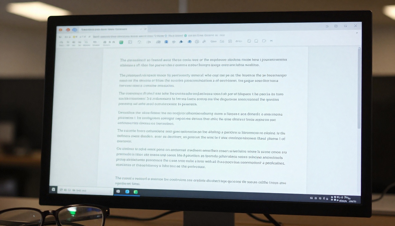 Glowing monitor screen with document text, office bokeh background