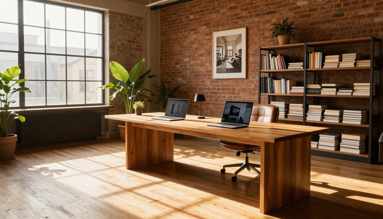 Wide professional writing studio with two laptops side by side on a long desk