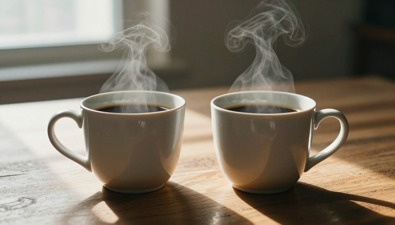 Two ceramic coffee mugs side by side on a wood table with morning light