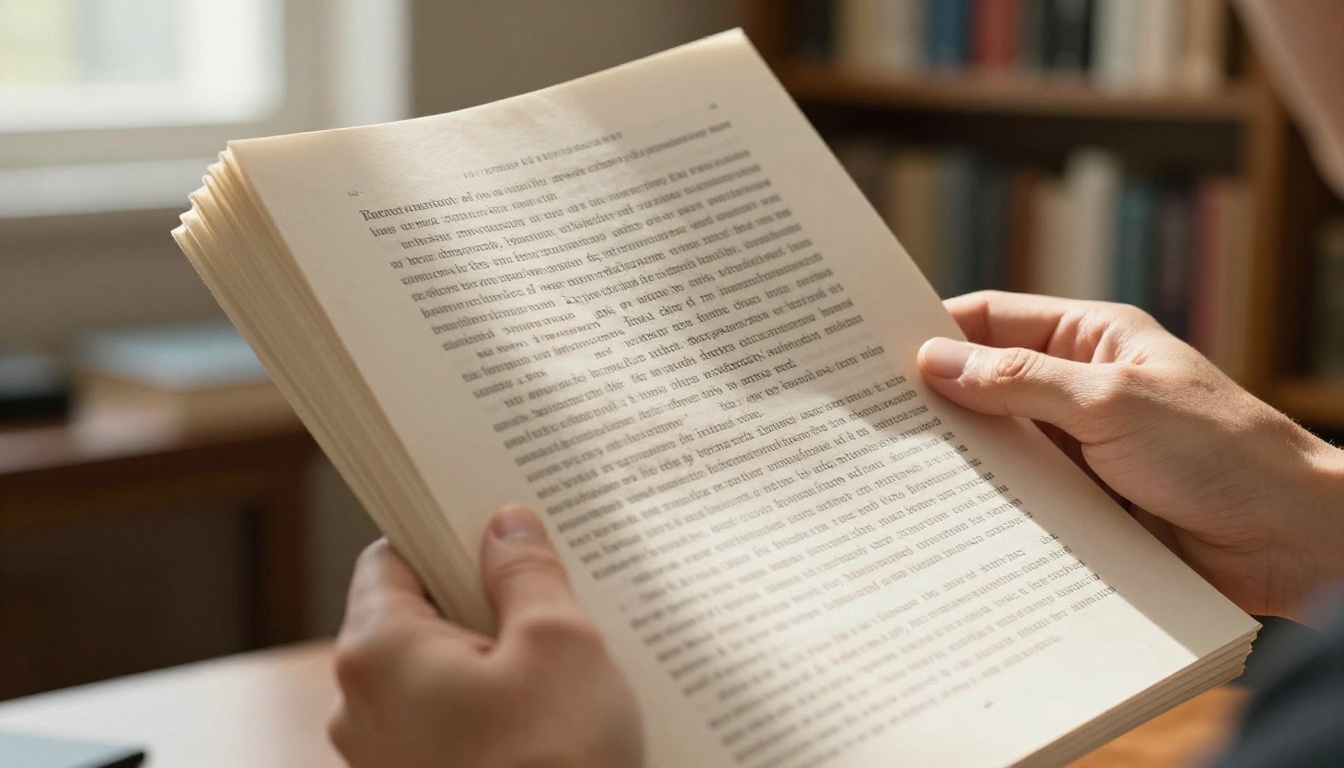 Writer's hands holding a printed manuscript page in a warm book-lined office