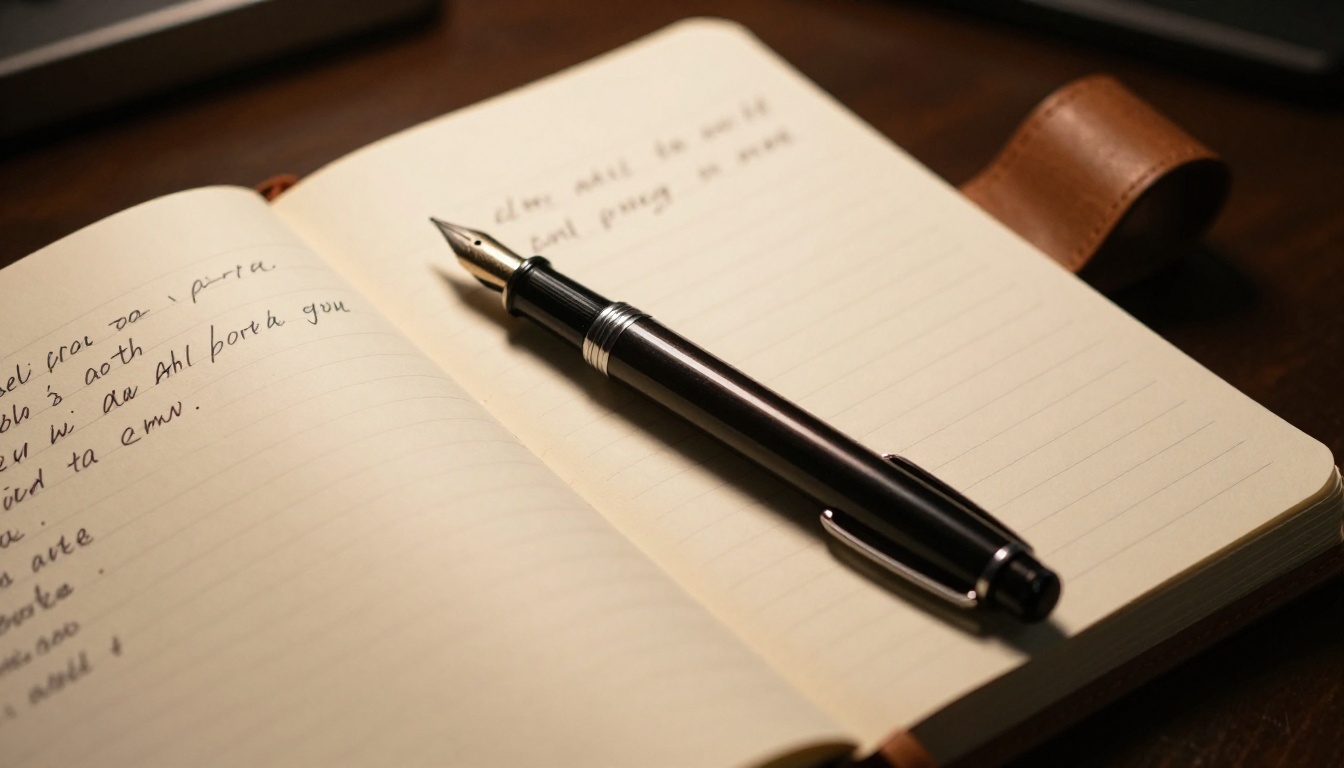 Close-up overhead shot of a leather notebook with handwritten notes and fountain pen