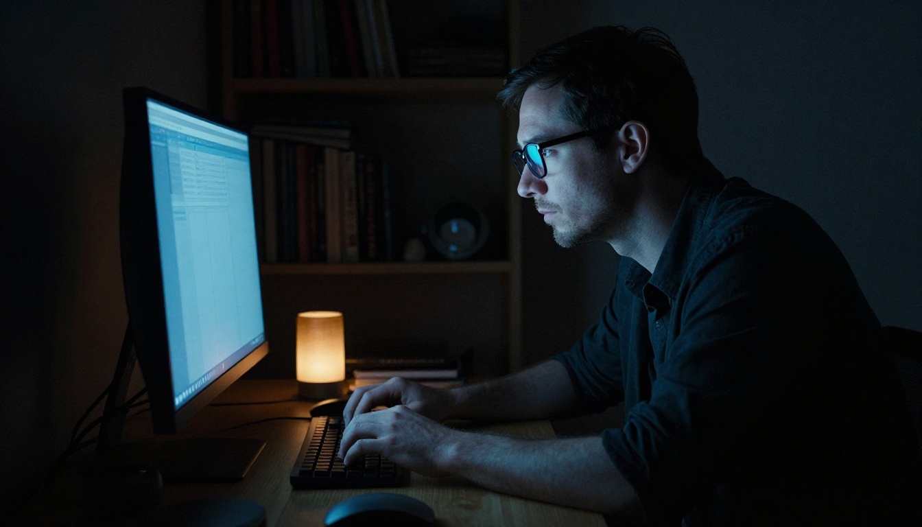 Man writing at night with monitor and desk lamp as only light sources