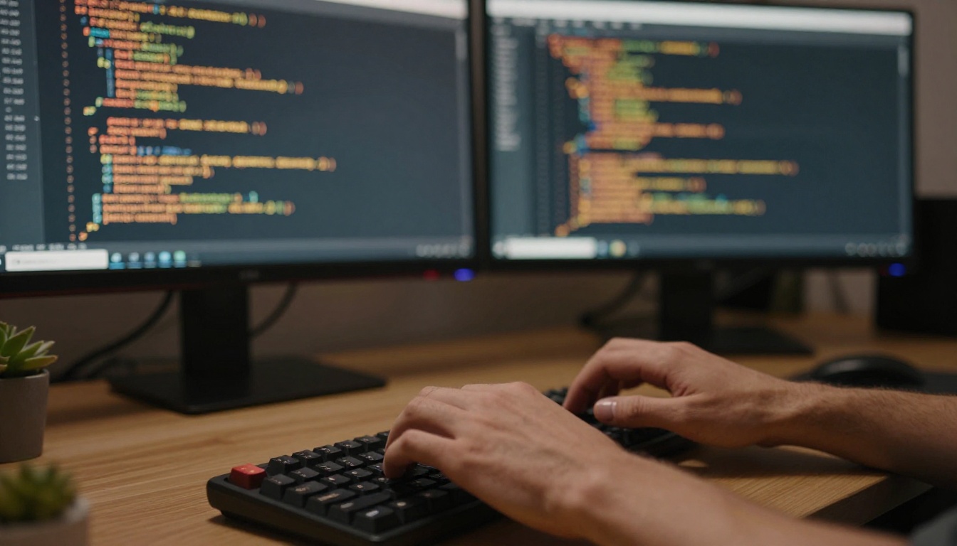 Developer typing code on a mechanical keyboard in a dimly lit modern office with monitor glow Developer typing code on a mechanical keyboard in a dimly lit modern office with monitor glow