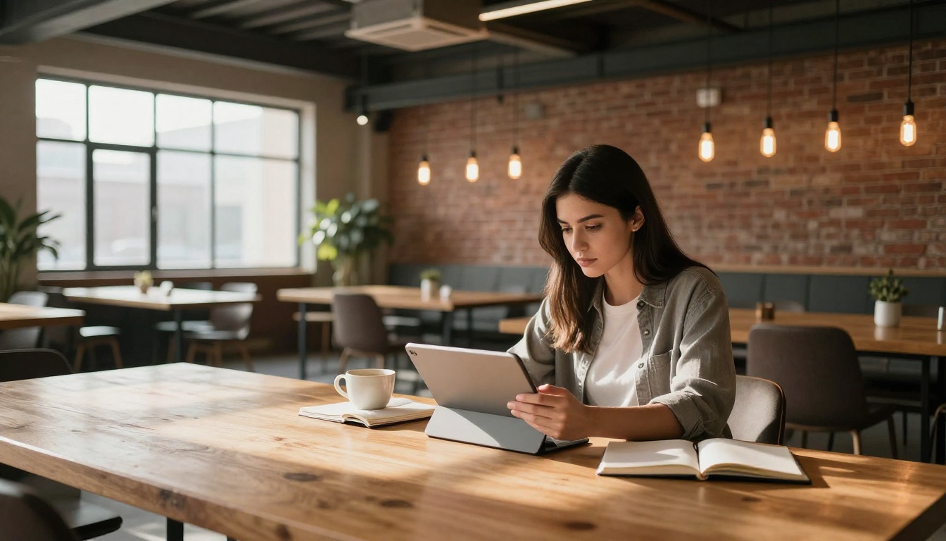 Young woman working at a wooden desk in a co-working space with industrial skylights and warm natural light Young woman working at a wooden desk in a co-working space with industrial skylights and warm natural light