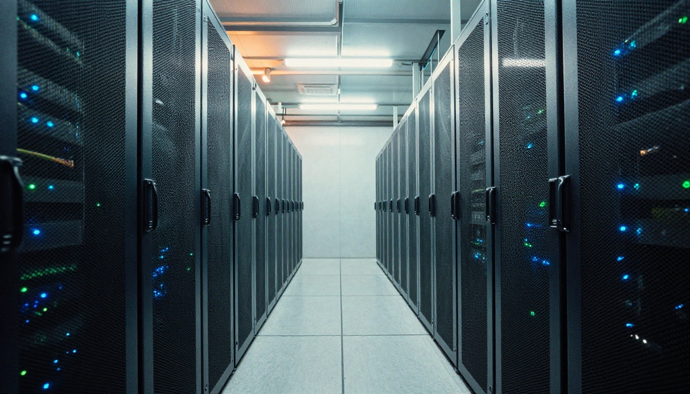 Low-angle upward view inside a data center with towering server racks and LED light reflections on polished floors Low-angle upward view inside a data center with towering server racks and LED light reflections on polished floors