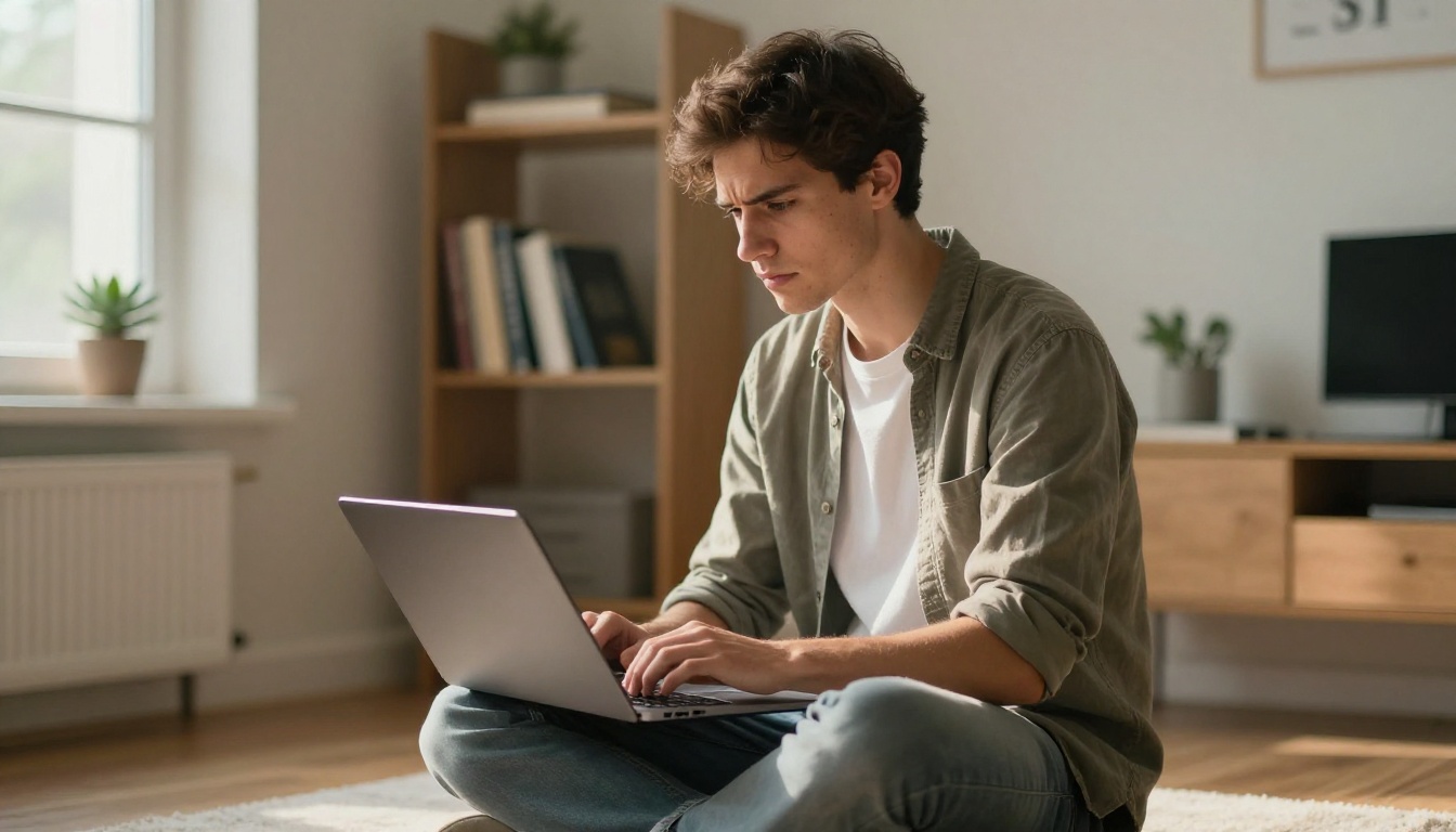 Young software engineer sitting cross-legged on a floor cushion in a minimalist home office with a laptop Young software engineer sitting cross-legged on a floor cushion in a minimalist home office with a laptop