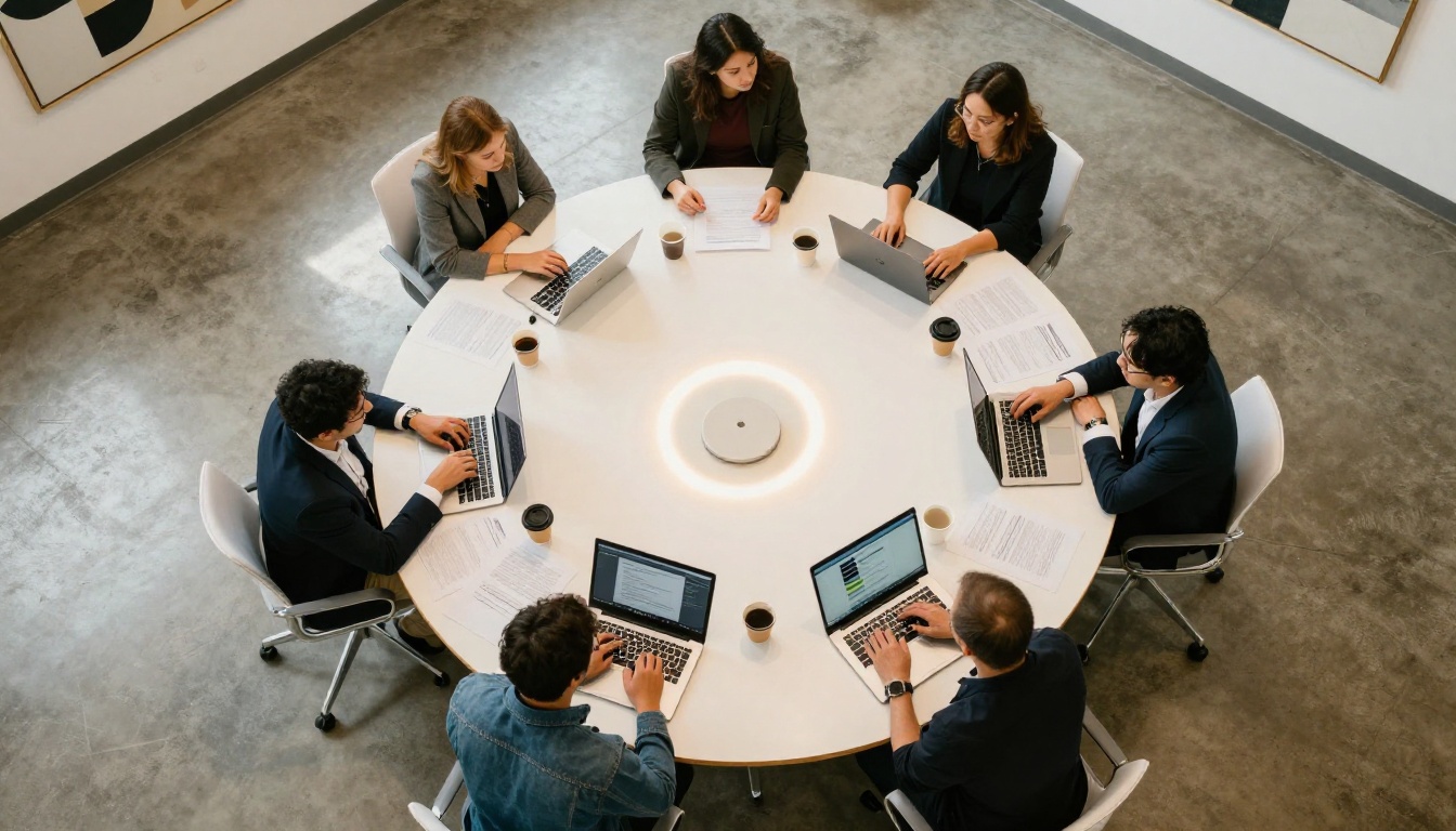 Aerial bird's-eye view of four professionals gathered around a circular conference table with laptops and papers Aerial bird's-eye view of four professionals gathered around a circular conference table with laptops and papers