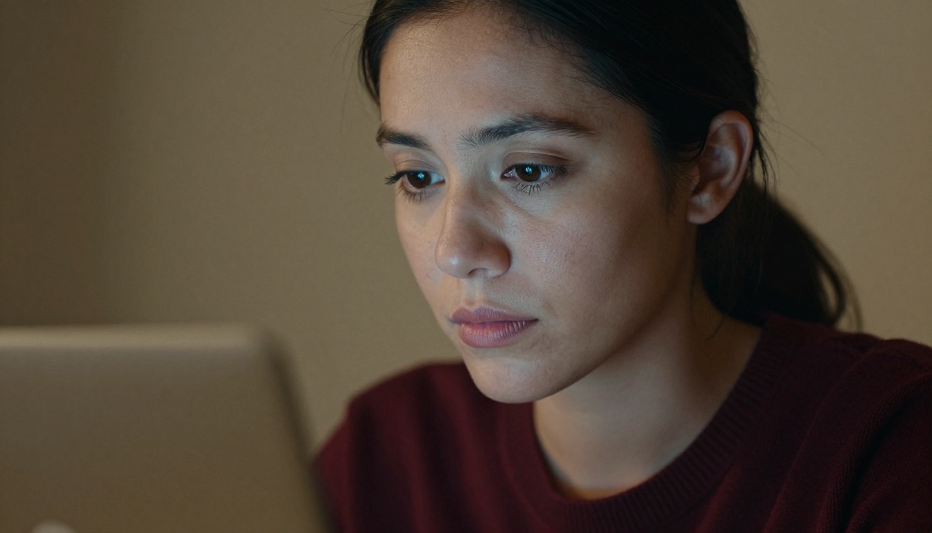 Close-up portrait of a woman concentrating on a laptop screen in a dark moody study with split light Close-up portrait of a woman concentrating on a laptop screen in a dark moody study with split light