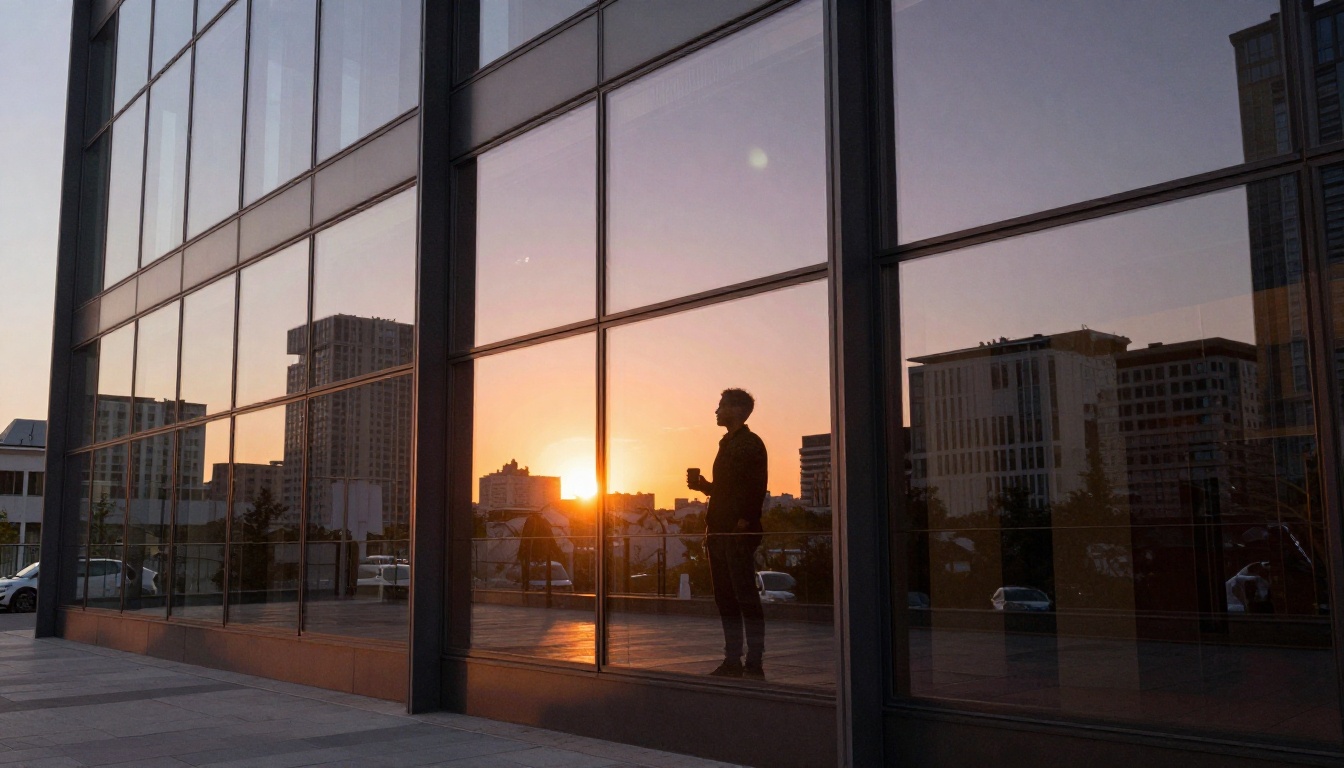 Wide exterior shot of a contemporary glass office building at golden hour with silhouetted figure holding coffee Wide exterior shot of a contemporary glass office building at golden hour with silhouetted figure holding coffee
