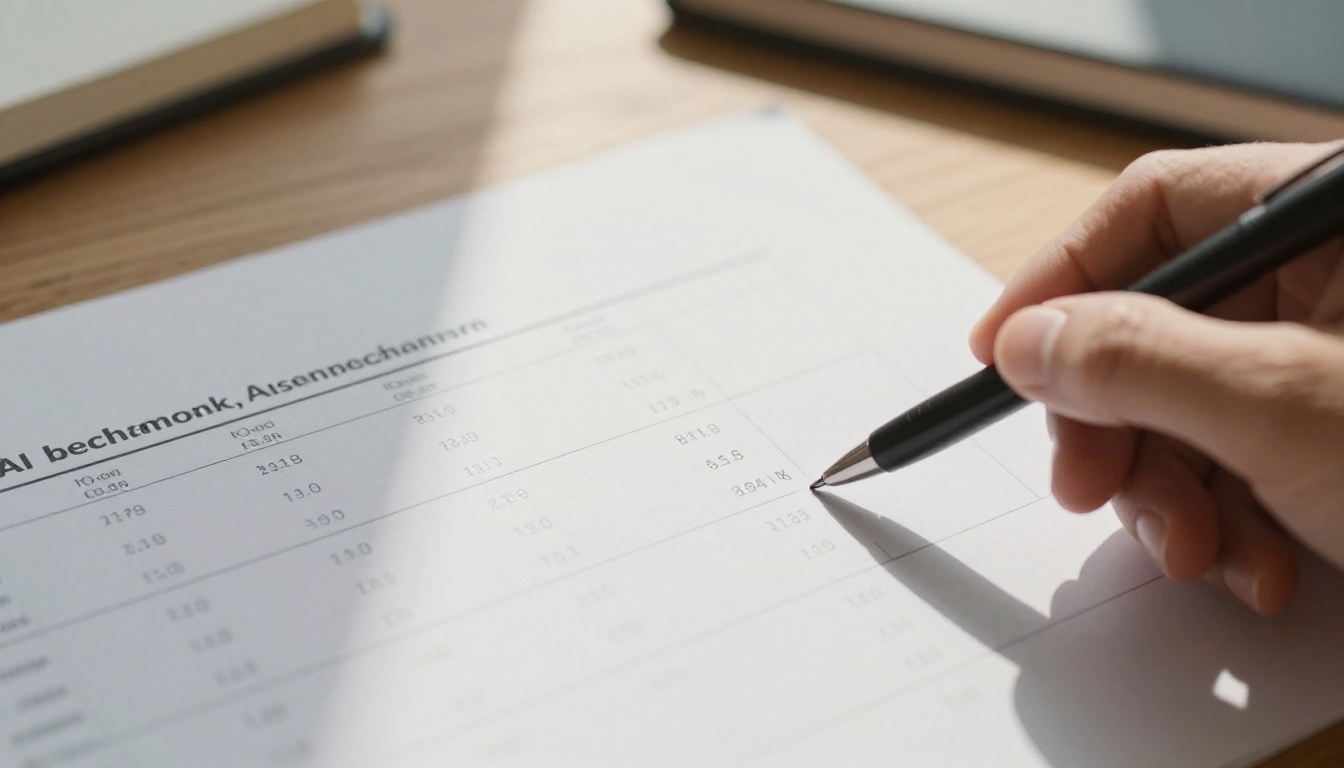 Close-up of printed AI benchmark results on a wooden desk with a hand holding a pen pointing at specific rows Close-up of printed AI benchmark results on a wooden desk with a hand holding a pen pointing at specific rows