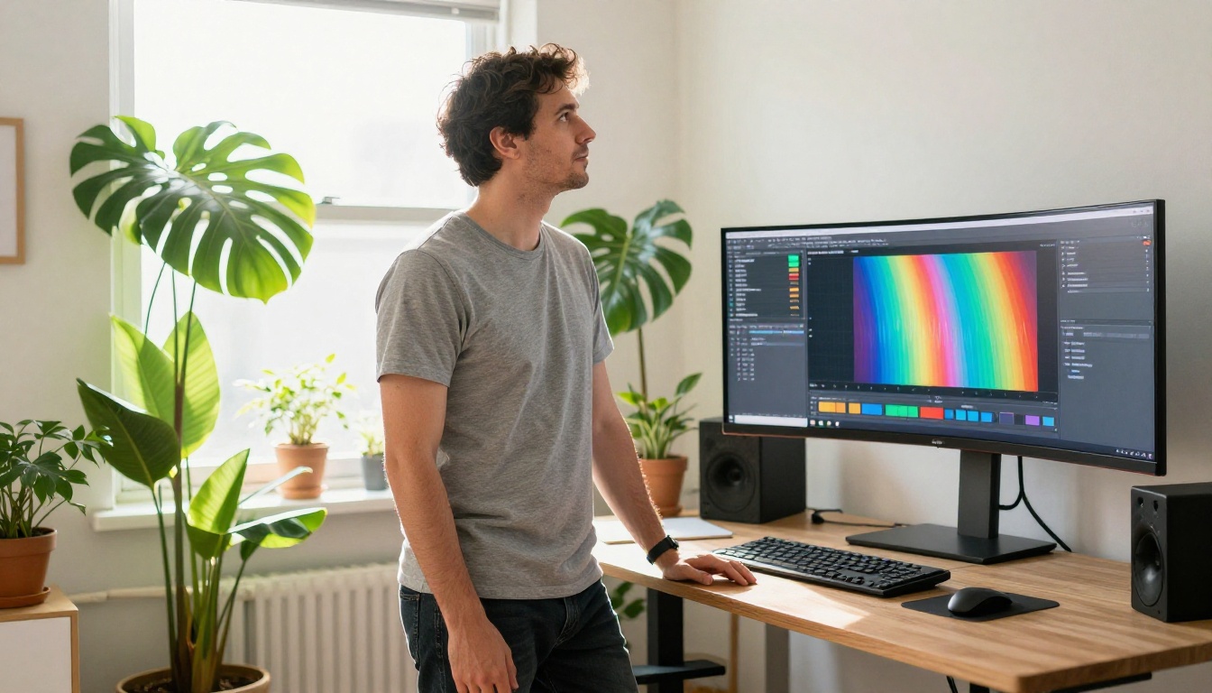 Man in grey t-shirt standing at a standing desk looking at a curved monitor showing performance graphs in a bright studio Man in grey t-shirt standing at a standing desk looking at a curved monitor showing performance graphs in a bright studio
