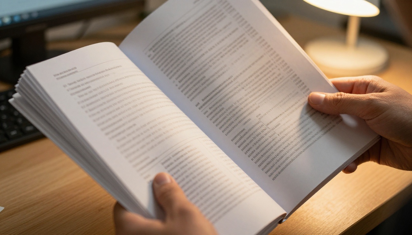 Dense printed document pages held in hands showing paper texture Dense printed document pages held in hands showing paper texture