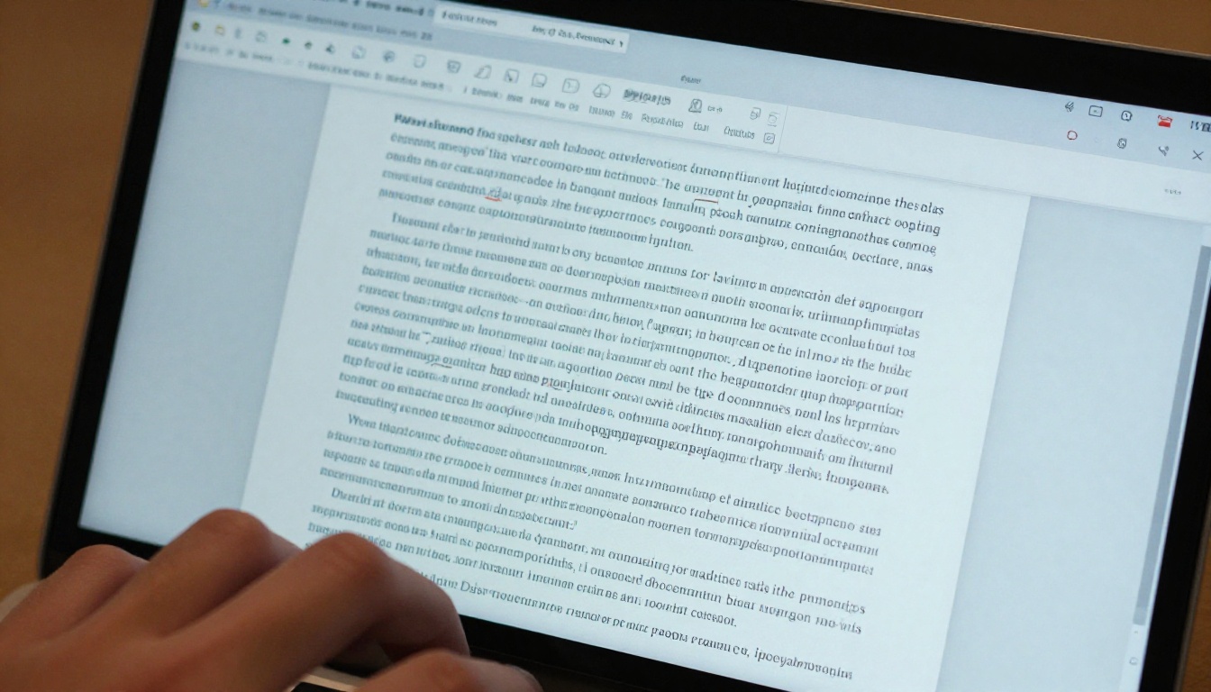 Laptop screen displaying PDF document interface with dense scrolling text Laptop screen displaying PDF document interface with dense scrolling text