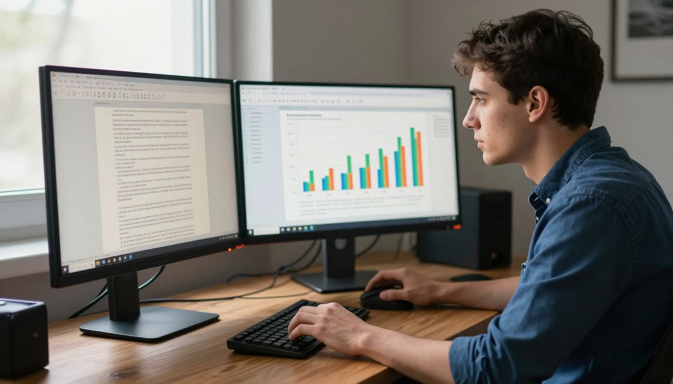 Man focused at dual monitors showing PDF viewer and document analysis interface Man focused at dual monitors showing PDF viewer and document analysis interface