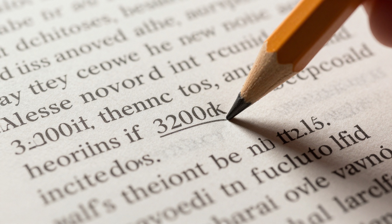 Macro close-up of printed academic document page with wooden pencil annotation Macro close-up of printed academic document page with wooden pencil annotation