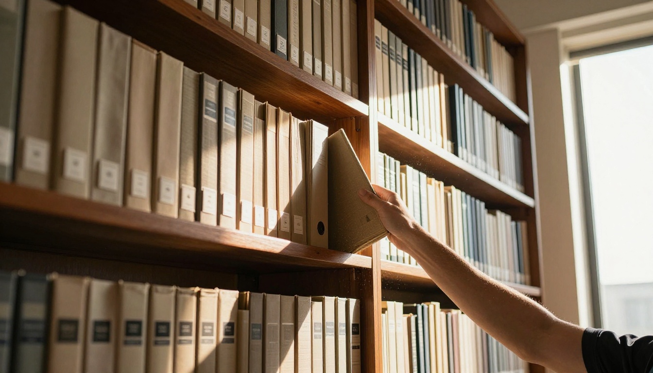 Library bookshelf with thick document binders in warm afternoon light with dust particles Library bookshelf with thick document binders in warm afternoon light with dust particles