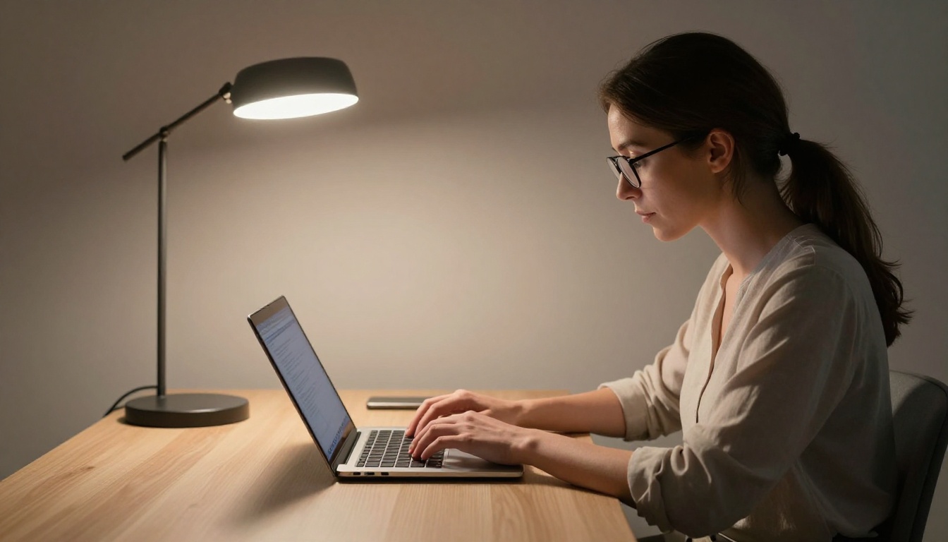 Professional woman in reading glasses typing on laptop with focused single arc lamp Professional woman in reading glasses typing on laptop with focused single arc lamp