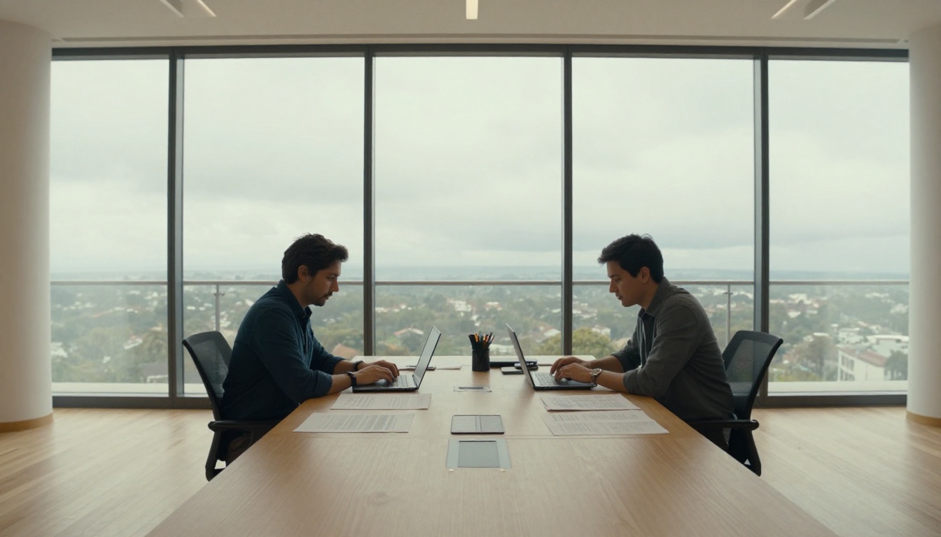 Two colleagues collaborating at a shared open-plan office desk with printed documents Two colleagues collaborating at a shared open-plan office desk with printed documents