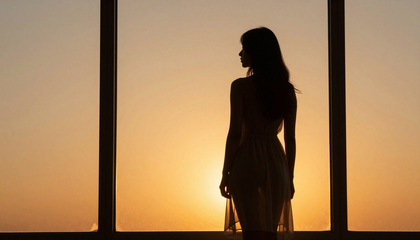 Artistic backlit golden hour silhouette portrait with warm amber sunset light through window Artistic backlit golden hour silhouette portrait with warm amber sunset light through window