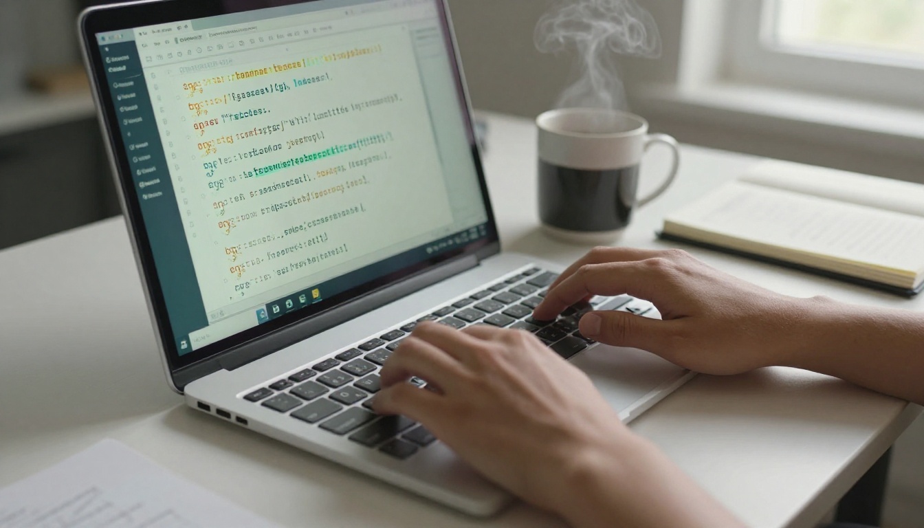 Developer's hands on keyboard with JSON terminal display