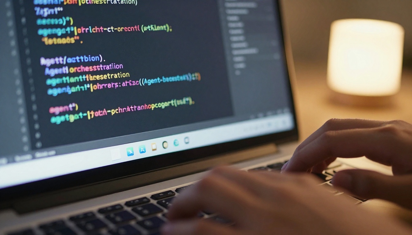 Developer coding on laptop, close-up of screen and hands