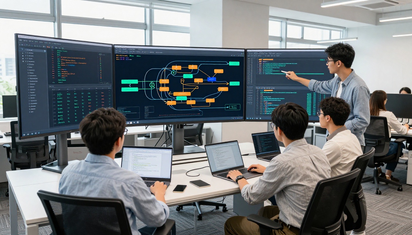 Data engineering team collaborating around pipeline visualization on large monitor
